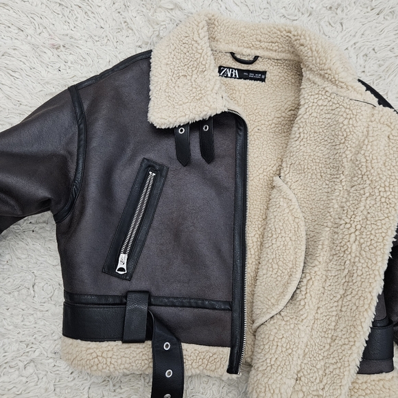 NWT Zara Faux Shearling Lined Jacket Cropped Moto Jacket - Picture 5 of 7